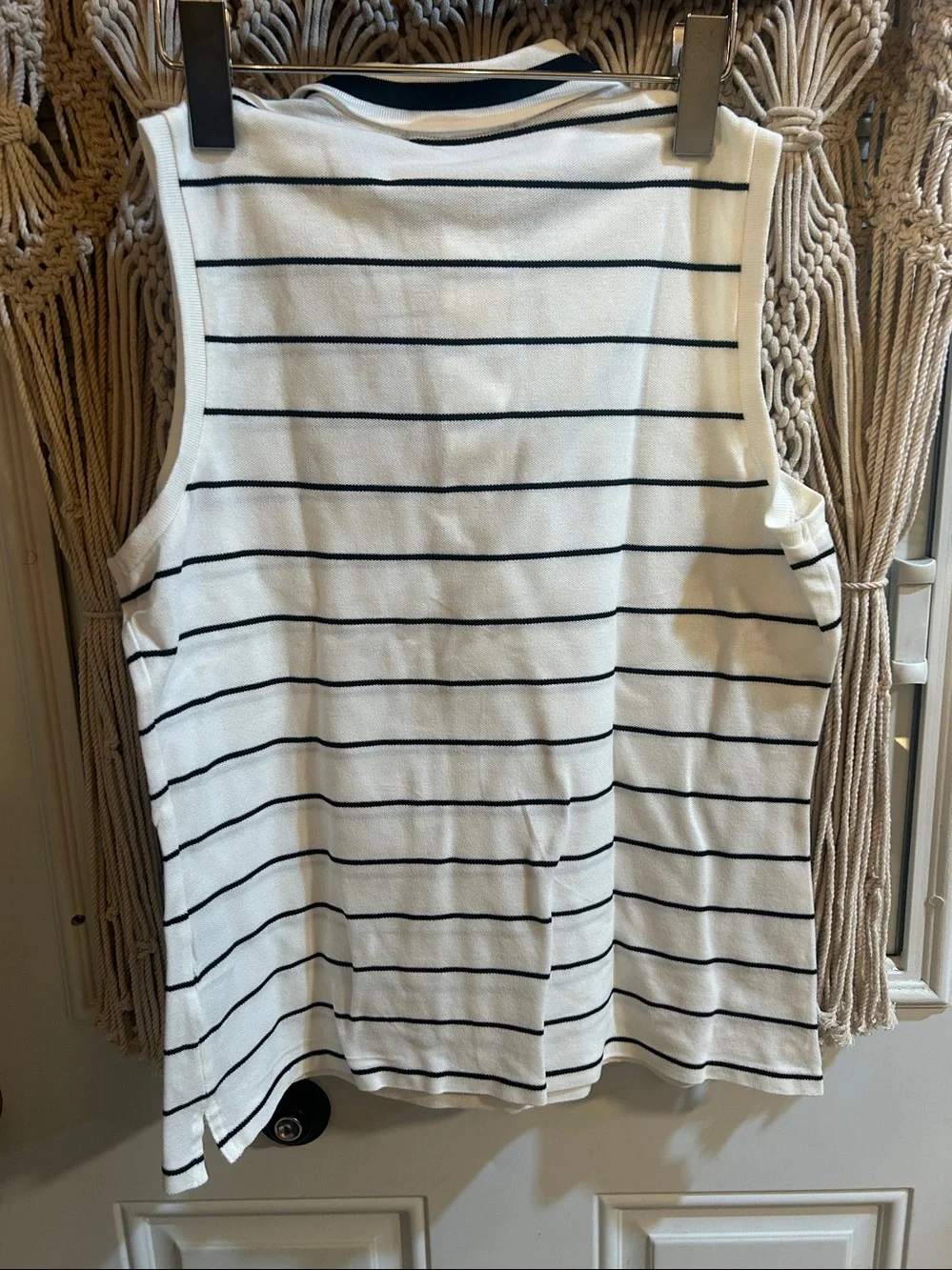 Ralph Lauren Men’s White Sleeveless Polo with Navy Stripes